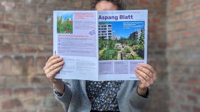 Frau sitzt vor Backsteinfassade auf einem türkisen Holzklappstuhl und liest die erste Ausgabe des Aspang Blatts -- die Nachbarschaftszeitung verdeckt ihr Gesicht.
