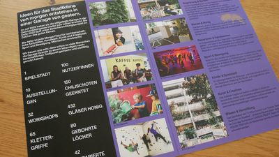 Aufgeklappter Folder in Schwarz und Violett mit Text und bunten Fotos